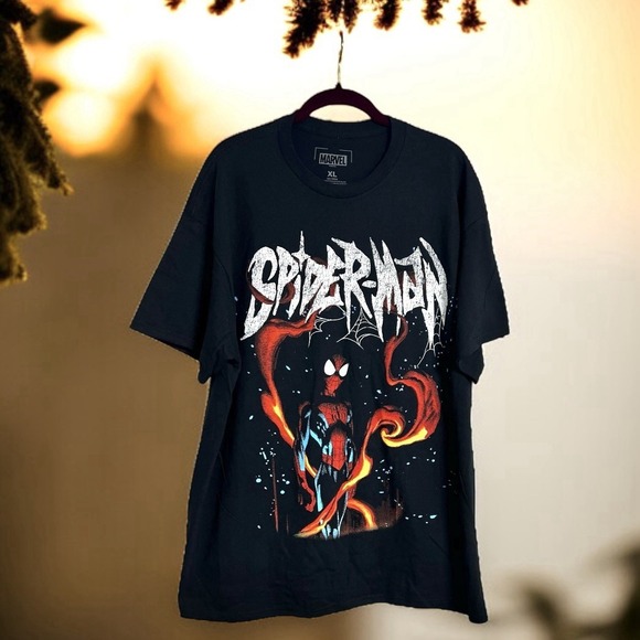 New Marvel Spider-Man Flames T-Shirt Short Sleeves Crew Neck Graphic Black Tee - Picture 1 of 9